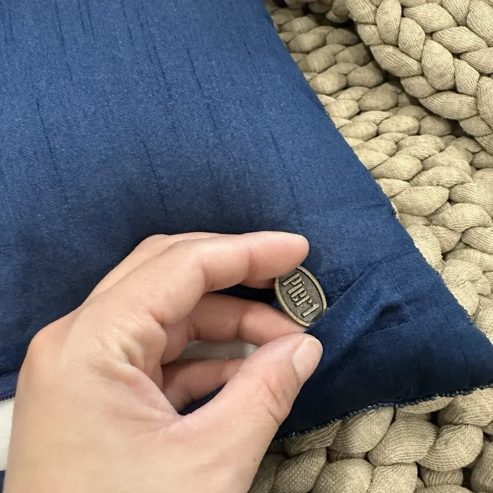 Pier 1 Imports Throw Pillow 13” Square Blue White Silver Beaded Geometric